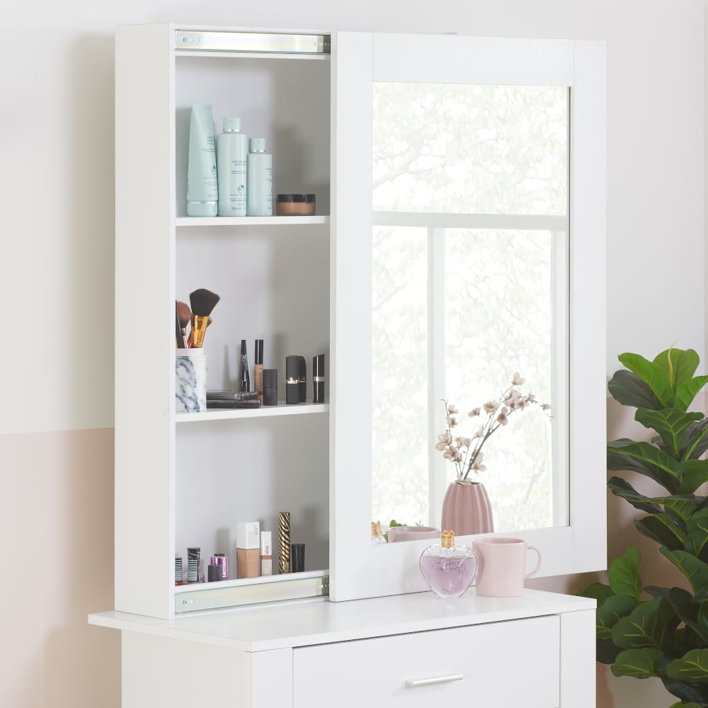 Evelyn White 1 Drawer Mirror Dressing Table Shelves Close-Up